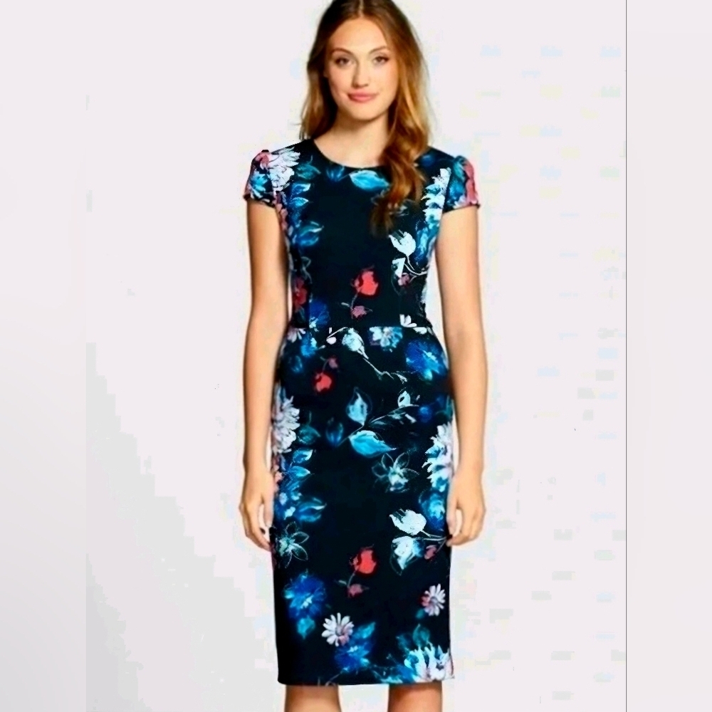Betsey Johnson Floral Bodycon Multicolor Stretch Midi Dress, Size 4